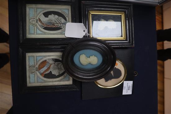 A pair of reverse prints on glass of George II and Queen Charlotte, a silhouettes and two other small panels